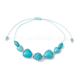 Bracelets de perles tressées turquoise synthétique coeur, Bracelets réglables en fil de nylon pour femmes, perles de strass en argile polymère, diamètre intérieur: 3/4~3-1/4 pouce (2~8.3 cm)