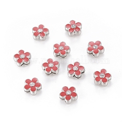 Rhinestone Alloy Slide Charms, Lovely Floating Charms, Valentine Gift Beads, Cadmium Free & Lead Free,  Flower, Platinum Color, Red, 11x5.5mm, Hole: 8x1.5mm