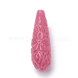 Abalorios de coral sintético, teñido, gota, color de rosa caliente, 33~35x11~12x10.5mm, agujero: 1.5 mm
