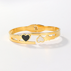 Bracelet manchette à charnière en forme de cœur en coquillage naturel, bracelet en acier inoxydable, véritable 18k plaqué or, 2-3/8~2-3/4 pouce (6~7 cm)