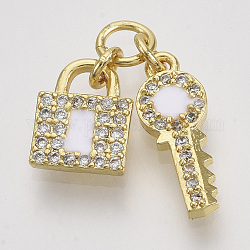 Brass Micro Pave Cubic Zirconia Pendants, with Enamel and Jump Rings, Key and Lock, Nickel Free, Real 18K Gold Plated, White, Lock: 10x7.5x2, Key: 15x6x2mm, Hole: 3.4mm