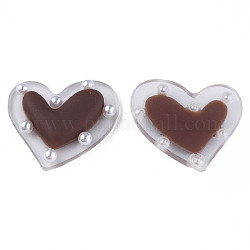 Acrylic Cabochons, with ABS Plastic Imitation Pearl Beads, Heart, Coconut Brown, 21x24x5.5mm