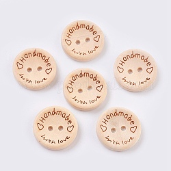 Botones de madera, 2 agujero, con la palabra, redondo plano con palabra hecha a mano con amor, almendra blanqueada, 25x4mm, agujero: 2.5 mm
