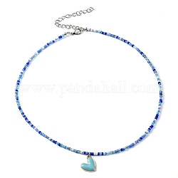 Alloy Enamel Heart Charm Necklace, Glass Seed Beaded Necklace for Women, Blue, 17.13 inch(43.5cm)