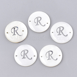 Freshwater Shell Links connectors, with Brass Findings, Flat Round, Platinum, Letter.R, 20~21x3mm, Hole: 1.2mm