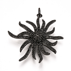 Brass Micro Pave Cubic Zirconia Pendants, with Jump Rings, Flower, Black, Gunmetal, 32x30x6mm, Hole: 2.5mm