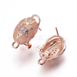 Brass Micro Pave Cubic Zirconia Stud Earring Findings, with Loop, Oval, Rose Gold, 18x11x12mm, Hole: 1.8mm, Pin: 0.7mm