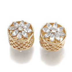 Alloy Rhinestone Beads, Hollow, Large Hole Beads, Flat Round with Flower, Crystal, Golden, 12x11.5x12mm, Hole: 5.5mm