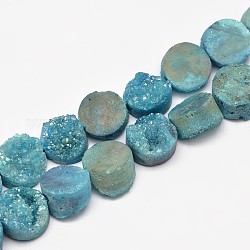Flat Round Electroplated Natural Druzy Quartz Crystal Beads Strands, AB Color, Dyed, Sky Blue, 10.5x6~8mm, Hole: 1mm, about 20pcs/strand, 8 inch
