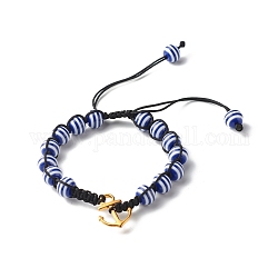 Полосатый круглый плетеный браслет из бисера из смолы для девочек-подростков, браслет с подвеской из якорного сплава, синие, внутренний диаметр: 2~3-1/2 дюйм (5~8.8 см)