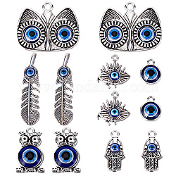 SUNNYCLUE 1 Box 30Pcs Gothic Charms Evil Eye Charms Hand of Fatima Lucky Charm Magic Owl Rhinestone Charm Tibetan Retro Style Cat Feather Charms for Jewelry Making Charm Necklace Earrings DIY Craft
