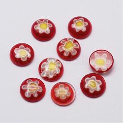 Cabochons di vetro millefiori fatto a mano, Design unico fiore, mezzo tondo/cupola, rosso, 10x3mm