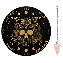 AHADEMAKER 1Pc Cone/Spike/Pendulum Natural Rose Quartz Stone Pendants, 1Pc 304 Stainless Steel Cable Chain Necklaces, 1Pc PVC Custom Pendulum Board, Dowsing Divination Board, Skull Pattern, Board: 200x4mm