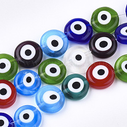 Hechos a mano de mal de ojo lampwork perlas hebras, plano y redondo, color mezclado, 11~13x4~5mm, agujero: 1.2 mm, aproximamente 31~33 pcs / cadena, 14.1 pulgada ~ 15.3 pulgadas