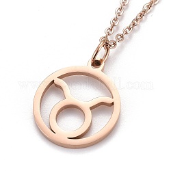 304 Stainless Steel Pendant Necklaces, with Lobster Claw Clasps, Constellation/Zodiac Sign, Rose Gold, Taurus, 19.56 inch(49.7cm)