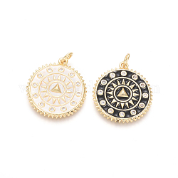 Golden Plated Brass Micro Pave Clear Cubic Zirconia Pendants, with Enamel and Jump Rings, Flat Round with Sun, Mixed Color, 22.5x20x2.5mm, Hole: 3.5mm
