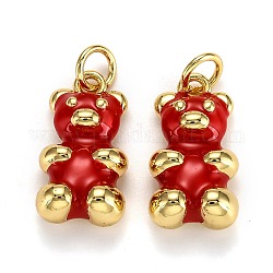 Real 18K Gold Plated Brass Pendants, with Enamel and Jump Rings, Long-Lasting Plated, Bear, Red, 17.5x9x5mm, Jump Ring: 5x1mm, 3mm Inner Diameter