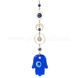 Blue Evil Eye Lampwork Pendant Decorations, with Brass Star/Moon Link, Hanging Ornaments, Hamsa Hand, 228mm