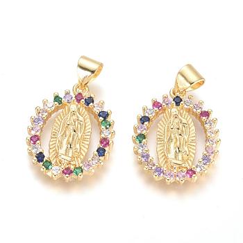 Brass Micro Pave Cubic Zirconia Pendants, Lady of Guadalupe Charms, Long-Lasting Plated, Oval with Virgin Mary, Golden, Colorful, 20x15x2.5mm, Hole: 5x3mm