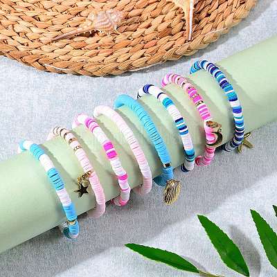 4Pcs 4 Styles Polymer Clay Heishi Beads Stretch Bracelets Sets, Stackable  Bracelets, with 304 Stainless Steel Spacer Beads and Brass Pendants