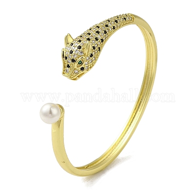 Женский браслет на открытой манжете с прозрачным и зеленым фианитом из латуни и леопарда BJEW-K246-18G-1