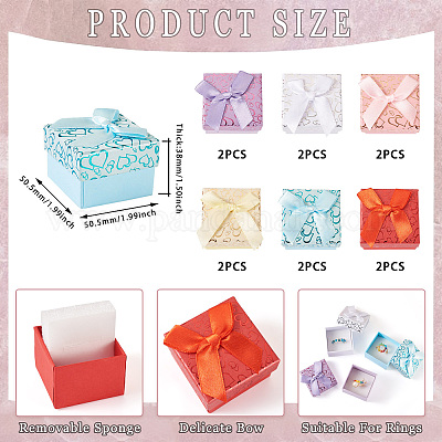 12 шт. 6-цветные картонные подарочные коробки для хранения колец с бантом CON-TA0001-28-1