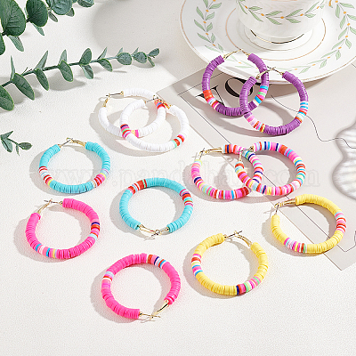 6 пара сережек-колец из полимерной глины двух цветов в стиле серфера с бусинами Heishi EJEW-AN0002-23-1