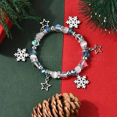 Стеклянные с синтетическим лунным камнем браслеты из бисера на рождественскую тематику для женщин BJEW-TA00656-1