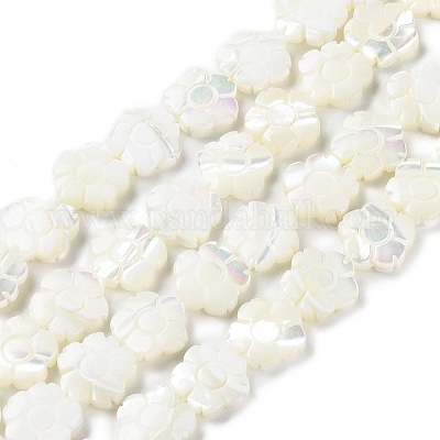 天然ニシキウズガイシェルビーズ連売り 花 フローラルホワイト 12x12