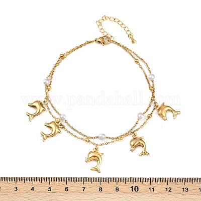 Браслеты на ногу из нержавеющей стали 304 с акриловыми бусинами в виде дельфинов для женщин AJEW-G069-01G-1