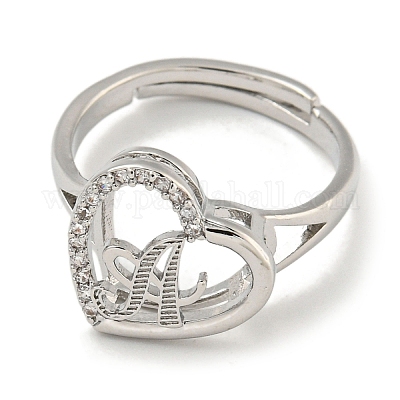 Сердце с буквой стойка покрытие латунь микро паве кубический цирконий регулируемые кольца для женщин RJEW-I105-06P-A-1