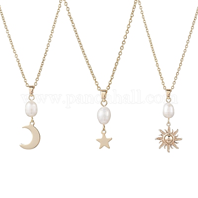 3 шт. 3 стиля натурального культивированного пресноводного жемчуга и нержавеющей стали 304 и латунной подвески в виде луны NJEW-JN05364-1