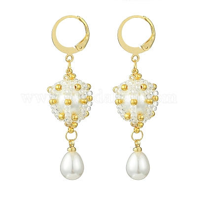 Серьги с застежкой-молнией ручной работы из стеклянных бусин и искусственного жемчуга из АБС-пластика EJEW-MZ00364-1