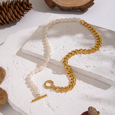 Цепочка из кубинских звеньев из нержавеющей стали 304 с натуральным пресноводным жемчугом и бусинами из риса SU5671-1