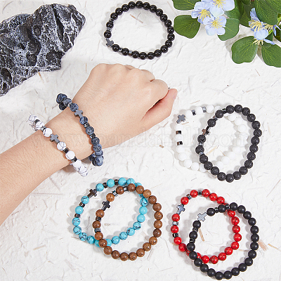 9шт. 9 стиля браслетов из натуральных и синтетических смешанных камней и синтетического гематита с крестообразными бусинами BJEW-FI0001-49-1