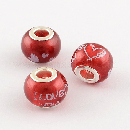 Valentine's Day Rondelle with Heart and Love You Spray Painted Glass European Large Hole Beads GPDL-S007-03-1