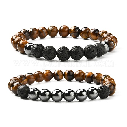 Round Natural & Synthetic Gemstone Beads Stretch Bracelet Set BJEW-JB07030-1