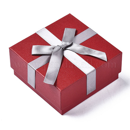 厚紙のジュエリーボックス  ネックレス包装用  ちょう結びの正方形  暗赤色  9.1x9.1x4.2cm CBOX-S022-003A-1