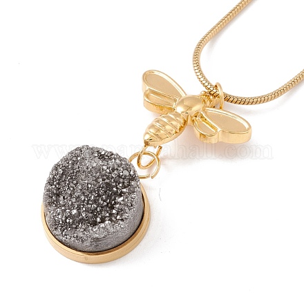 Natural Quartz Bee with Flat Round Pendant Necklace with 304 Stainless Steel Snake Chain NJEW-K244-13G-1