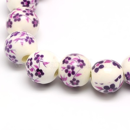 Chapelets de perles en céramique imprimées de fleurs manuelles PORC-M007-10mm-11-1