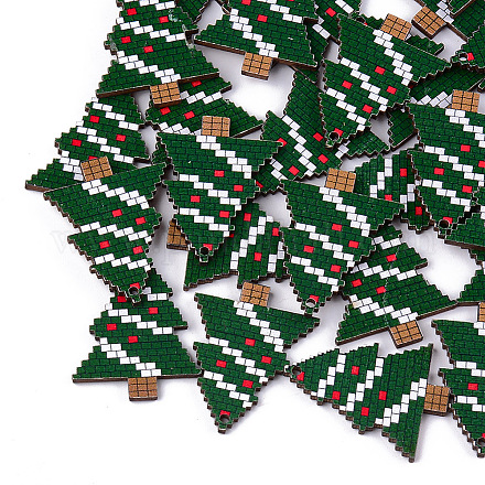 プリントバスウッドペンダント  バックランダムカラー  クリスマスツリー  グリーン  29.5x23x2mm  穴：1.5mm WOOD-S045-044-1