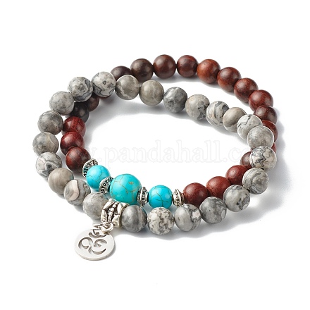 Natural Map Jasper & Natural Wood & Synthetic Turquoise(Dyed) Stretch Bracelets Set for Girl Women BJEW-JB06893-1