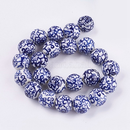 手作り青と白の陶器ビーズ  花の丸  ミディアムブルー  16~16.5mm  穴：2~2.5mm X-PORC-G002-13-1