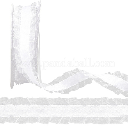 GORGECRAFT 10 Yards 2.5cm Wide Double Ruffle Trim Organza Ruffled Lace Edge Ribbon White Polyester Wrinkled Frayed Pleated Trim Lace Voile Fabric for Wrapping Sewing Crafting Wedding Decor Hair Bows OCOR-WH0080-93A-1