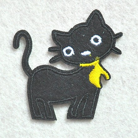 機械刺繍布地手縫い/アイロンワッペン  マスクと衣装のアクセサリー  アップリケ  猫の形  ブラック  50x50mm DIY-O003-23-1