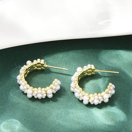 Серьги-гвоздики из искусственного жемчуга с цветком из латуни и АБС-пластика EJEW-M082-05G-1