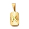 304 Stainless Steel Pendants, Rectangle with Letter Charm, Real 18K Gold Plated, Letter K, 22x12.5x4mm, Hole: 8x4mm