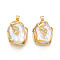 Natural Baroque Pearl Keshi Pearl Pendants, Brass Micro Pave Clear Cubic Zirconia Pendants, Oval with Leaf, Real 18K Gold Plated, 21.5~27x17~18x10~11.5mm, Hole: 4.5x3mm