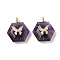 Natural Amethyst Faceted Pendants, Hexagon Charms with Brass Pave Clear Cubic Zirconia Butterfly, Real 18K Gold Plated, Long-Lasting Plated, Rack Plating, 22x19x10mm, Hole: 3.5x2mm