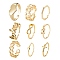 9Pcs 9 Style Brass Cuff Rings, Open Rings, Long-Lasting Plated, for Finger Rings, Word & Heart & Octagon & Infinity & Cross & Rectangle, Golden, US Size 6(16.5mm)~US Size 7 1/4(17.5mm), 1pc/style